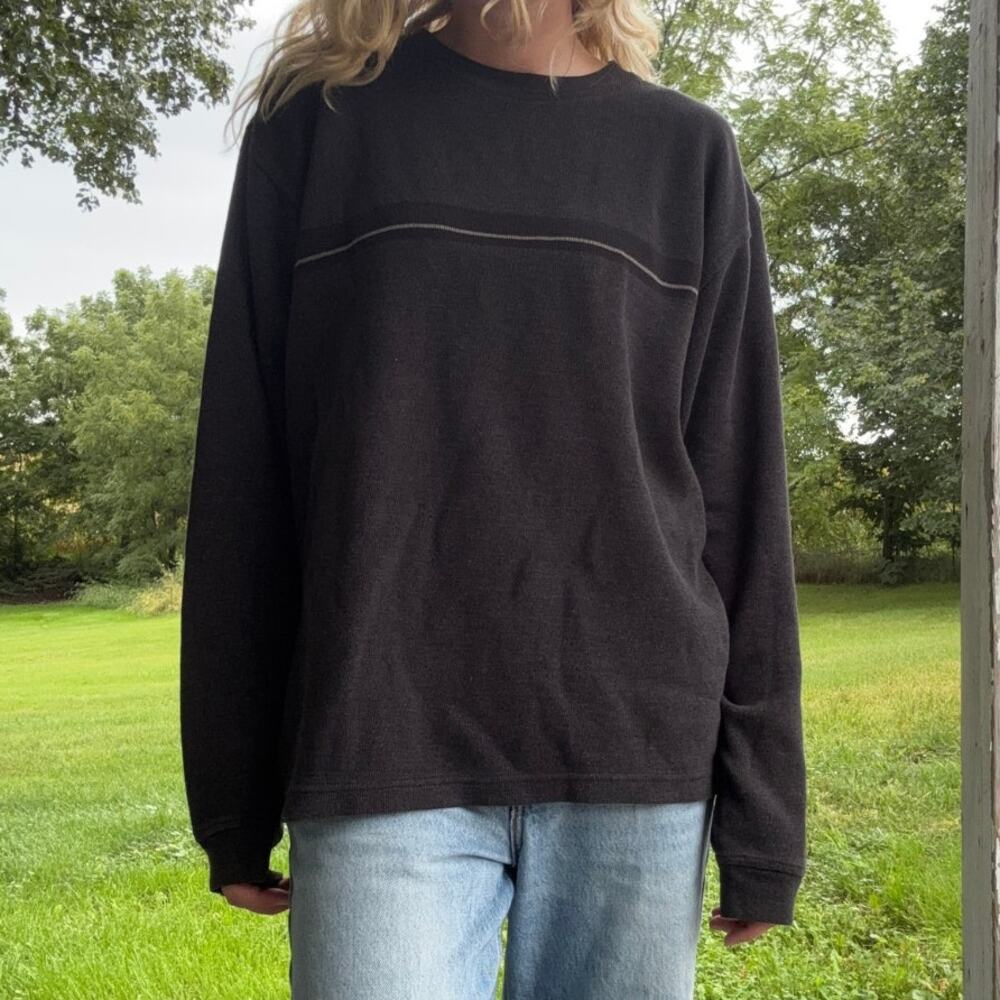 Arrow Charcoal Gray Chest Stripe Grunge Knit Crewneck Sweater Mens Size Large